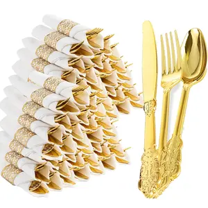 125-Piece Pre-Rolled Cutlery Set with Elegant Patterns, Includes 25 Forks, 25 Knives, 25 Spoons, and 25 Napkins for Parties, Dinnerware Service Set
