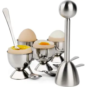 Egg Cracker Topper Set Soft Hard Boiled Eggs Separator Holder Include 4 Egg Spoons and 4 Egg Cups 1 Shell Remover Top Cutter Stainless Steel for Breakfast Kitchen Tool