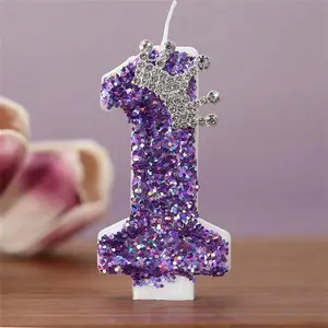 Purple Glitter Crown & Number Birthday Candle Set, Great For Birthday Party Decorations, Suitable For Both Boys And Girls,