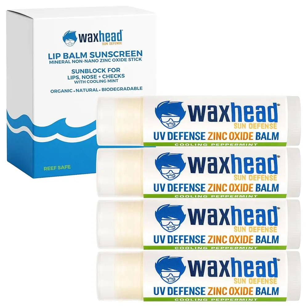 Waxhead Sun Defense Foods Zinc Oxide Lip Sunscreen, 4-Pack, Reef-Safe Mineral Formula for Hydrating Beach Sun Protection, Minerals, Uv Defense, Peppermint, Versatile Spf Chapstick, Family Safe, Edible-Safe Formula