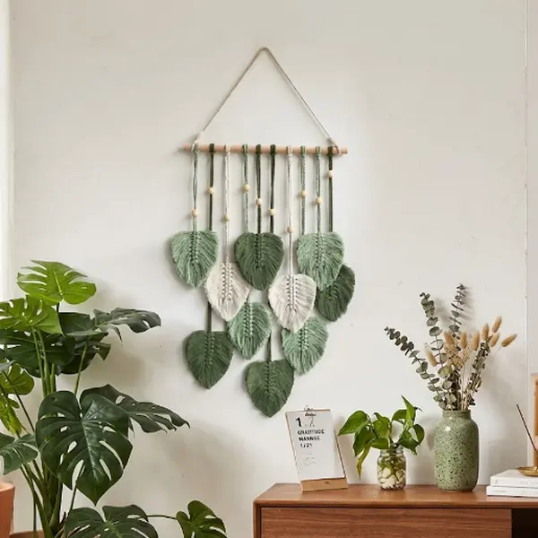 Cotton Bohemian Leaf Woven Wall Hanging - Hangable 39x15in Green Macrame Tapestry with Woody Beads, Decorative Sofa/Entryway Van Life Decor, Ideal Gift for Wedding, Christmas, Thanksgiving, Valentines Day