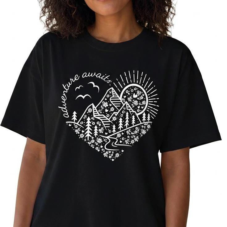 Adventure Awaits Mountain Heart Graphic Women's 100% Cotton Tee Minimalist Boho Nature Lover T-Shirt