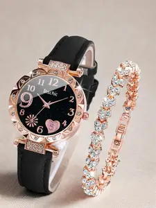 Summer 2024 Elegant Round Dial Quartz Watch & Bracelet, Sparkly Luxury Heart Design Bracelet, Rhinestone Decor Wristwatch for Women & Girls for Gift without Box Gift, Valentine's Day, Gift