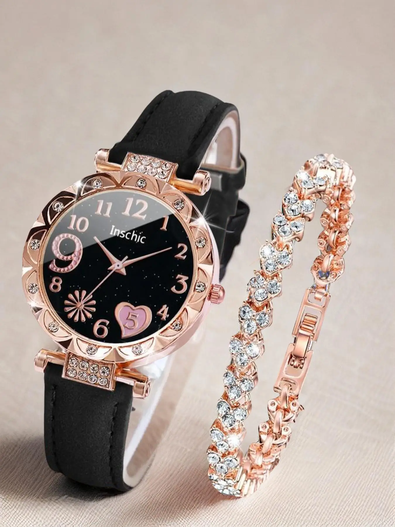 Summer 2024 Elegant Round Dial Quartz Watch & Bracelet, Sparkly Luxury Heart Design Bracelet, Rhinestone Decor Wristwatch for Women & Girls for Gift w