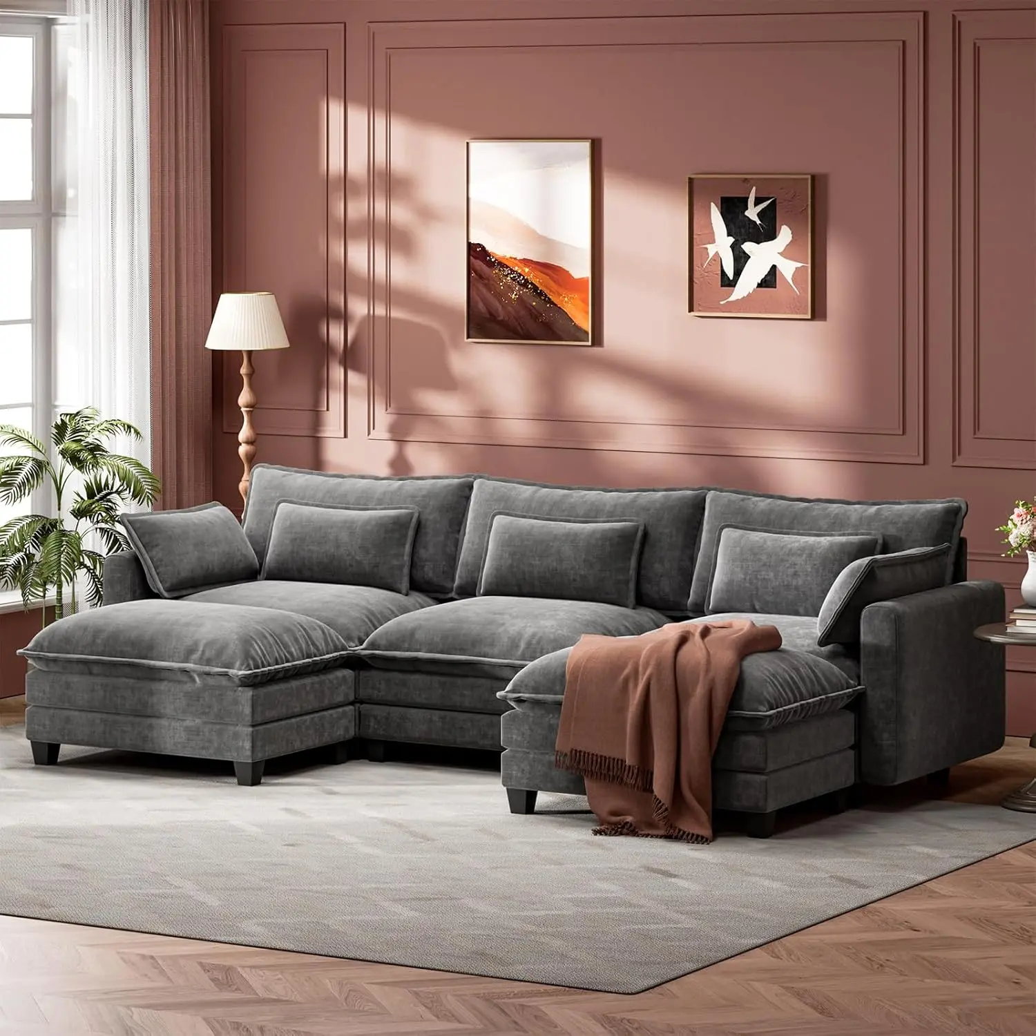 【3 Packages Shipping】 Modular Cloud Sectional Sofa 110.6" U-Shaped Modern Comfy Cloud Couch, 5-Seat Chenille Deep Seat Sofa with Throw Pillow & Movable Ottoman for Living Room, Bedroom and Apartment, Grey