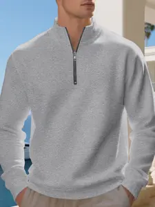Autumn/Winter Fleece-Lined Half-Zip Pullover Solid Color Casual Long Sleeve Fitted Men's Hooded Sweatshirt