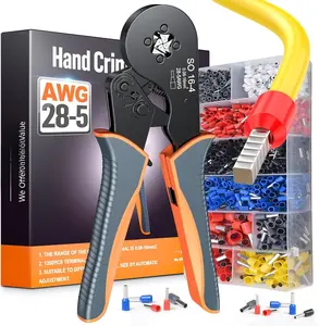 Ferrule Crimping Tool Kit, Square Crimping Tools, Ratchet Jaw Wire Crimping Pliers for AWG 28-5 with 1200 count Terminal Connector Sleeves