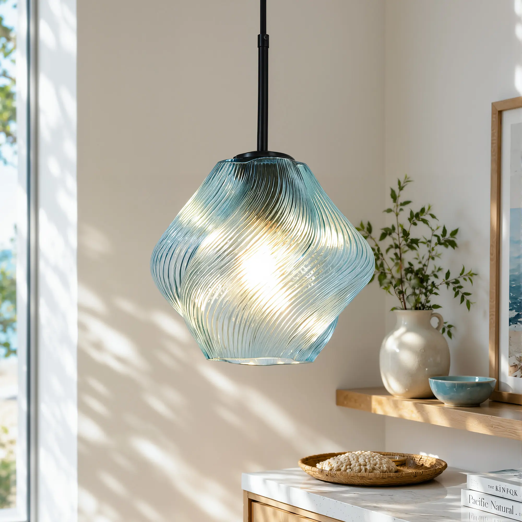 9.05in Pendant Light Twisted Glass, Hammered Glass Cylinder for Kitchen Island, Over Sink Bedroom Living Room