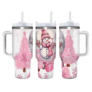 Pink Snowman Christmas Tumbler – 40oz Stainless Steel Cup with Handle, Lid & Straw, Cute Holiday Mug for Winter & Gifts mom grandma water bottles