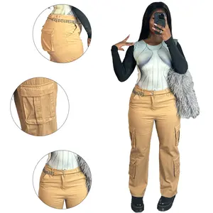 Khaki High Waisted Cargo Jeans - Women's Multi-Pocket Wide Leg Denim Pants for Urban Casual Looks