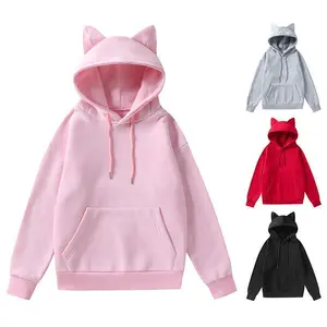 Autumn Winter Couple Personality Cat Ear Design Solid Color Versatile Hooded Sweatshirt Korean Fashion Casual Loose Hoodie Sweatshirt Clothes Suits for Women Black Pink Grey Red Womenswear Gamis