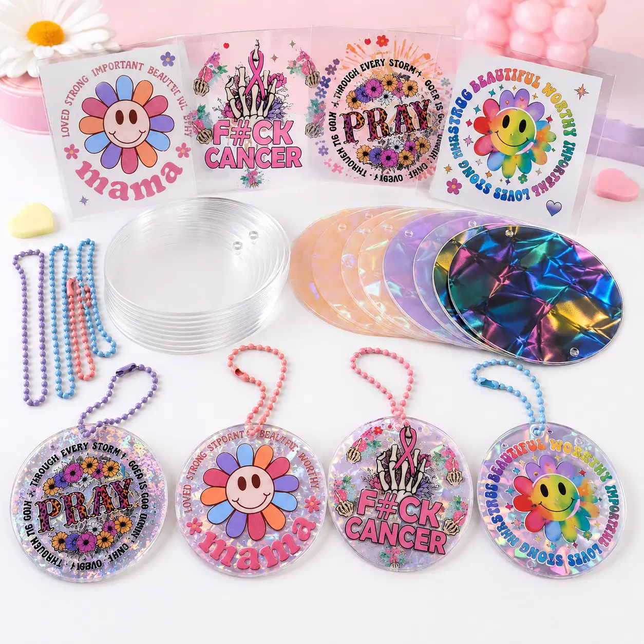 60pcs Cartoon keychain stickers acrylic color round plate keychain pendant accessories set summerwins