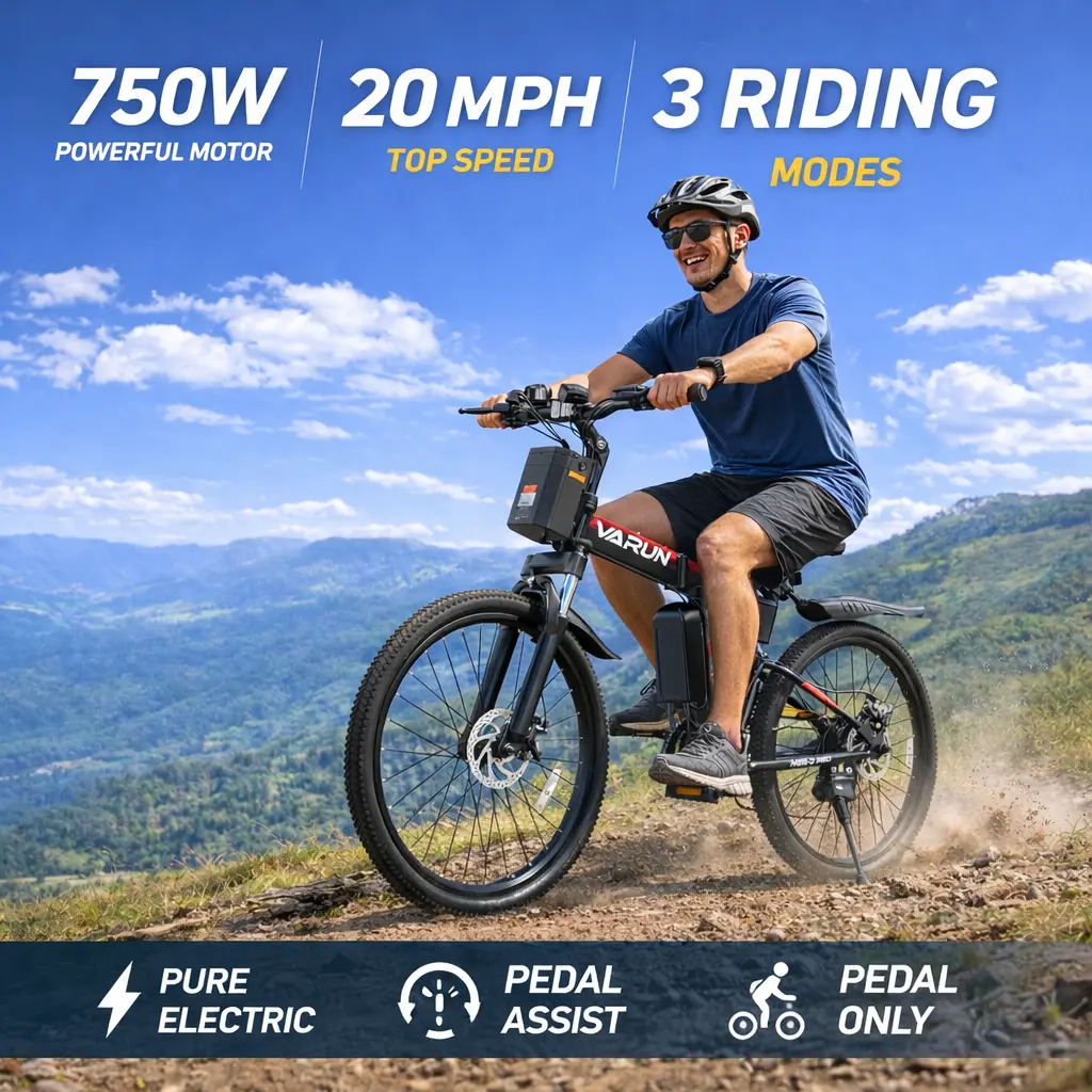 VARUN M26-3 PRO Foldable Ebikes, Adult Unisex Electric Bicycle, 750W Peak Brushless Motor, 20 mph Speed, 48V Lithium-Ion Battery, 50-mi Range, 4-6 Hour Front Battery Fast Charging, Professional-Grade 7-Speed Drivetrain
