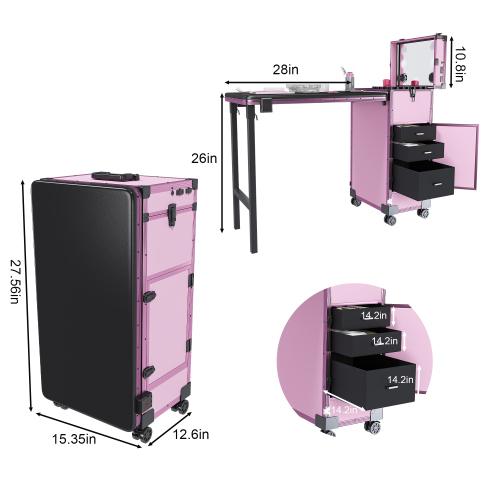 Professional Rolling Travel Portable Nail Art Table with LED Mirror, 3 Lockable Drawers, with Wheels Handle for Mobile Nail Techs & Salon Use,Telescopic Pole Foldable Manicure Station,Pink Professional Rolling Travel Portable Nail Art Table with LED Mirror, 3 Lockable Drawers, with Wheels Handle for Mobile Nail Techs & Salon Use,Telescopic Pole Foldable Manicure Station,Pink
