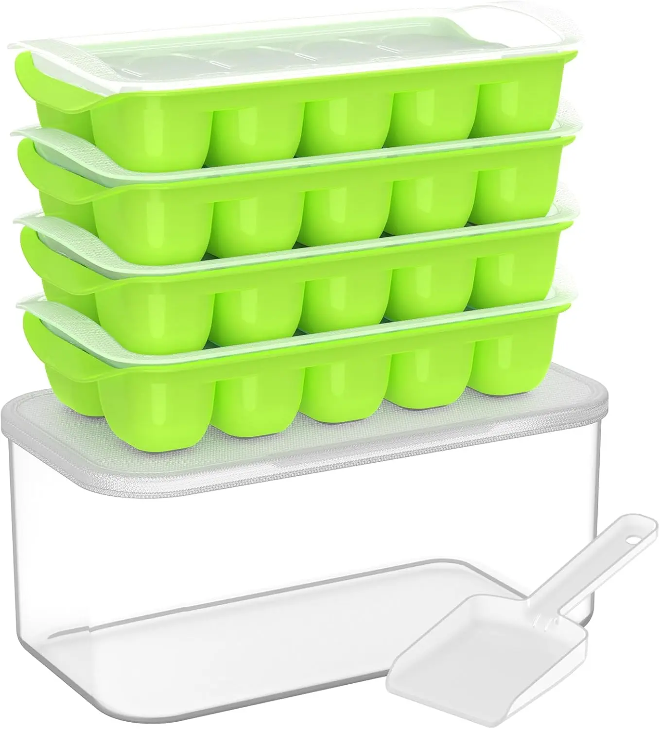 4-Pack Silicone Ice Cube Tray Kit with Lid and Bin, Stackable BPA-Free Freezer Trays with Easy Pop-Out, for Cocktail, Kitchen, RV Use