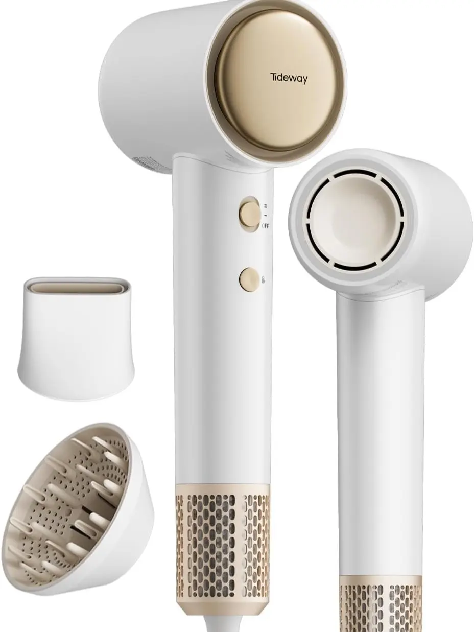 Tideway Hair Dryer, Blow Dryer with Diffuser, Ionic Professional High-Speed 1500W Low-Noise, 110,000 RPM Brushless Motor, Fast Drying, Travel Compact for Women & Men (Gold)