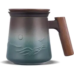 Embossed Ceramic  Mug with Infuser and Lid, 14.5 oz Wooden Handle, Loose Leaf  Steeper Cup & Strainer for  Lovers Gifts