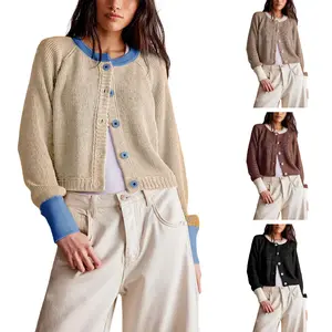 Molitree Women's Apricot Color Block Cardigan Sweaters Button-Up Long Sleeve Cropped Knitwear Crewneck Casual Trendy Tops