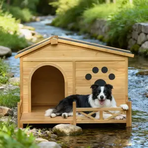 Wooden Dog House Outdoor With Porch, Dog Kennel With Water-Resistant Asphalt Roof And Fencing,Indoor & Outdoor Dog Crate With Paw Print, Medium, Nature