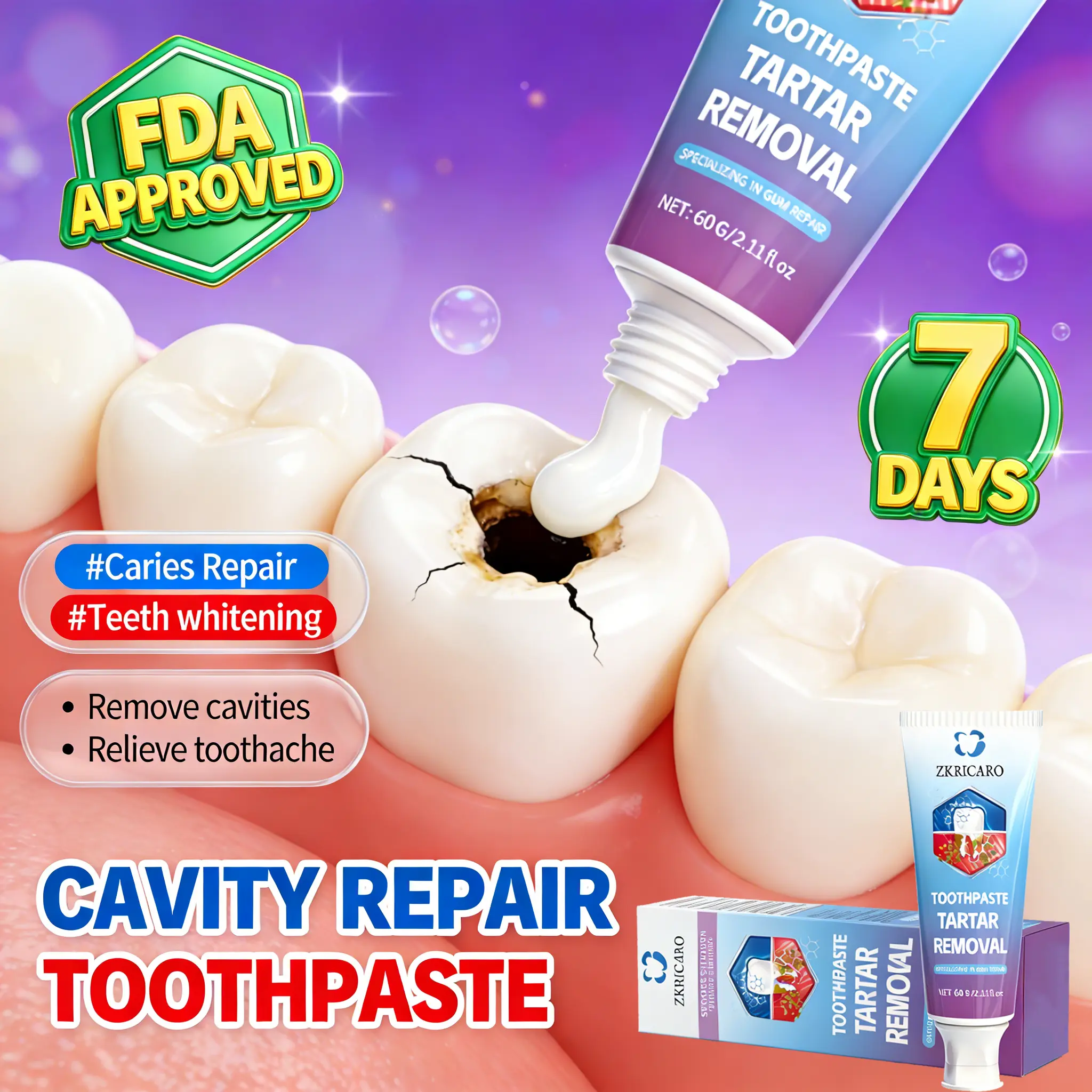 ZKRICARO Cavity Repair Toothpaste - Herbal Formula for Enamel Strengthening & Plaque Removal, with Peppermint & Tea Tree Oil for Sensitive Teeth & Children, Chamomile, Antibacterial, Tooth Decay, Early Cavities, Reduce Risk Of Cavities