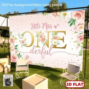 1PC,2D Flat Banner Girls 1st Birthday Party Backdrop Fabric Banner, Pink Floral Little Miss ONEderful Theme, Baby 1 Year Old Photo Background, Outdoor Indoor Decoration Supplies For First Birthday Party, Party Decorations Banners