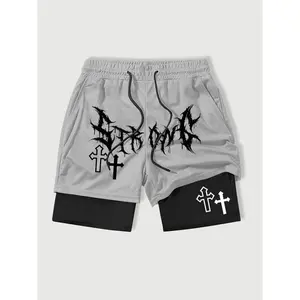 Men’s 2-in-1 gym shorts with letter graphic and inner pockets, summer double-layer training and running shorts, drawstring waist, comfortable fit, streetwear sports shorts GARMENTARY