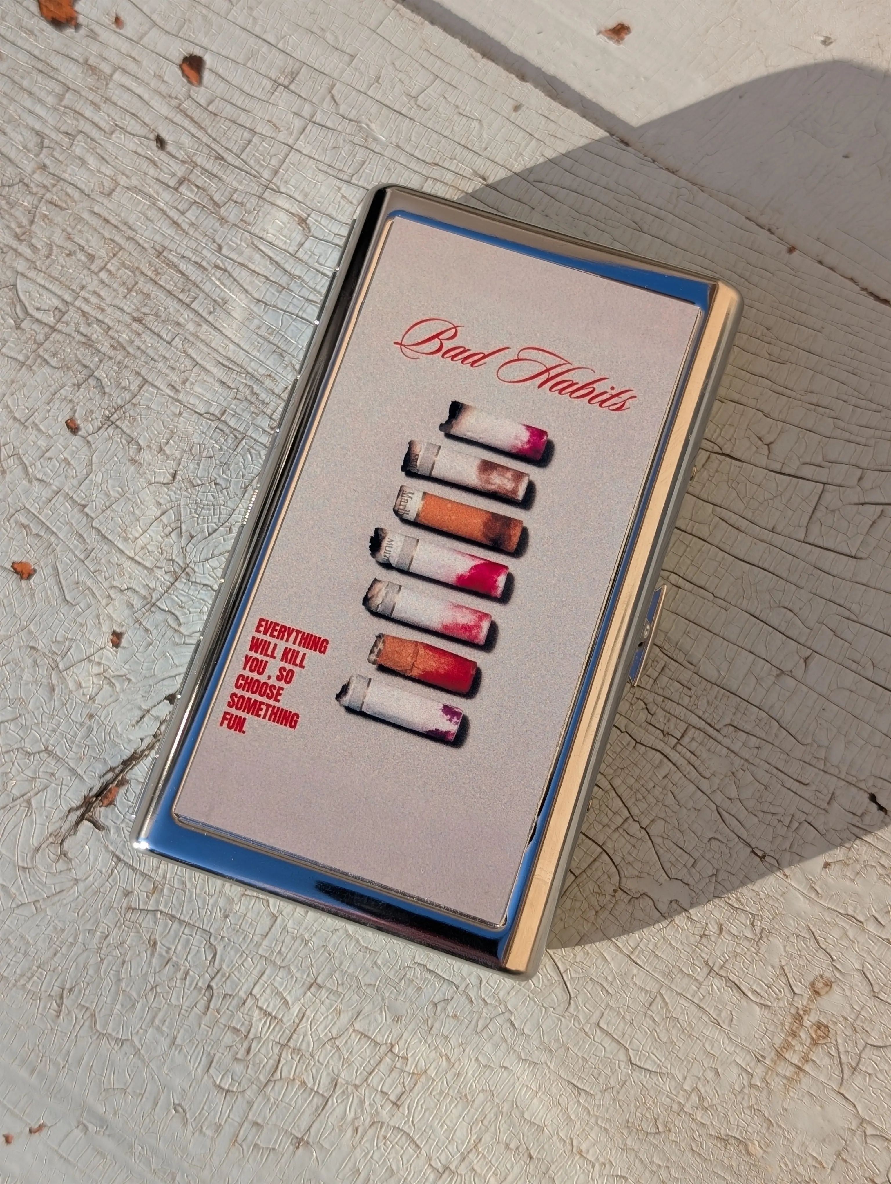 Bad Habits Metal Cigarette Case | Dual-Panel Spring Clip Holder