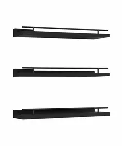 Set of 3, Floating Shelves with Black Metal Guardrail, Floating  Shelves for Wall Decor (Set of 3, Art- Black)