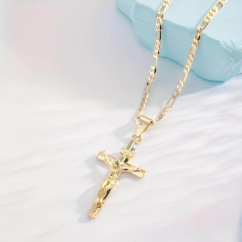 Men's Vintage 14K Gold-plated Jesus Cross Pendant Necklace With Smooth Chain Religious Jewelry For All Year Round Easter Graduation Gift