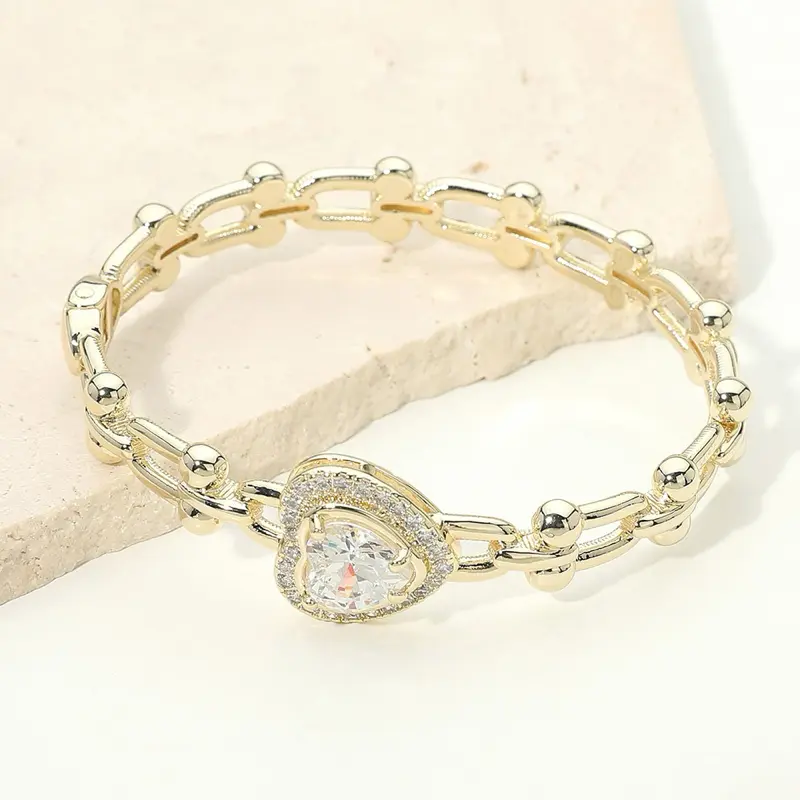Gold Heart Clear Stone Cuff