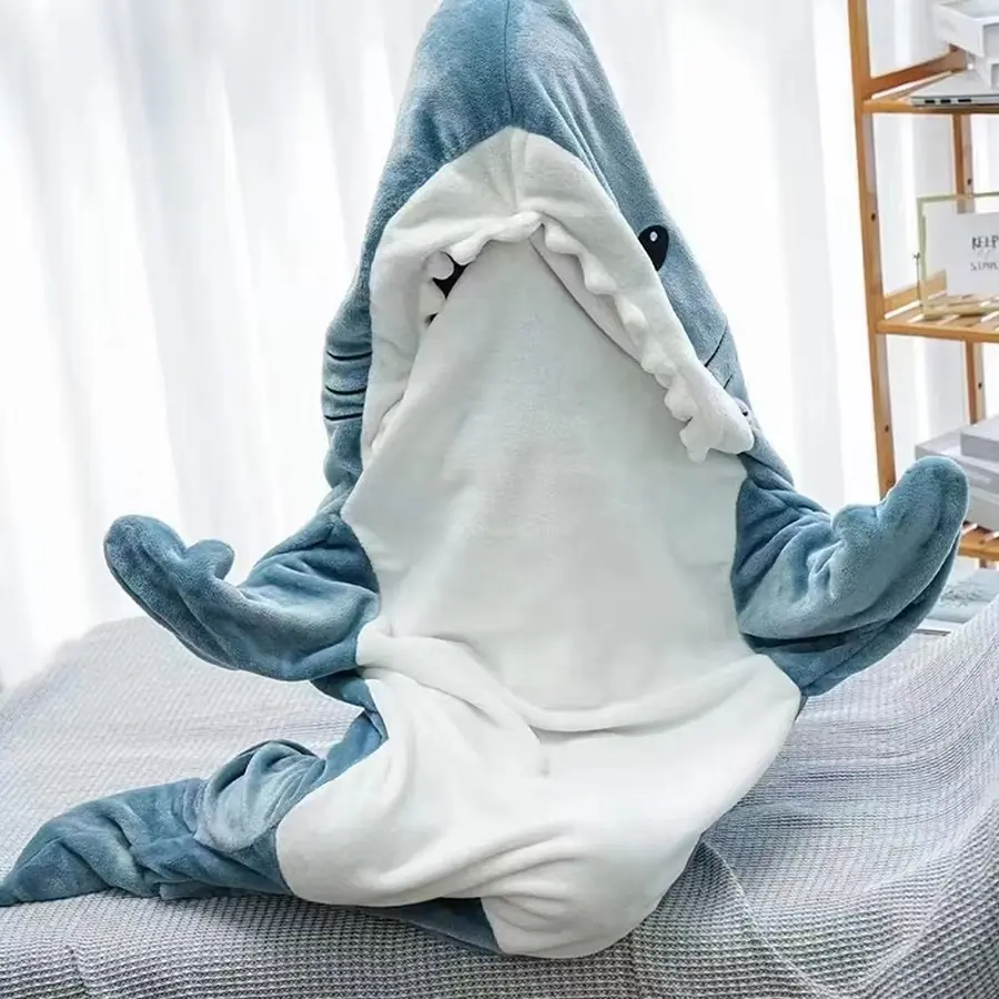 Thickened Soft Large Size (s-Xxl) Cartoon Shark Blanket Sleep Bag, Animal Onesie Pajamas Flannel Shark Home Wear, Couple Sleepwear Gift, Outdoor, Loungewear, Sleeping Bag
