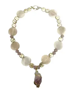 Purple Passion Iridescent Opalite & Amethyst Pendant Necklace Soft Glow Crystal Energy Radiate Calm Clarity Luminous Opalite Discs Rose Quartz Smoky Glass Accents Raw Amethyst Pendant Wire Wrapped Artisanal Charm