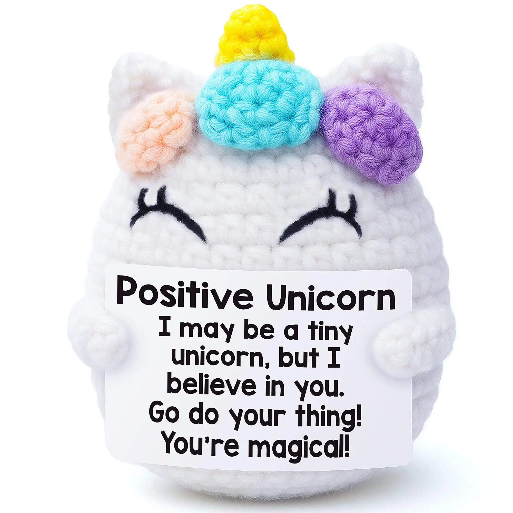 Funny Positive Unicorn Knitted Doll - Handmade Emotional Support Crochet Doll Soft Huggable Stuffed Animal Gifts with Motivational Card, Cute Inspirational Cuddly Doll Gift for Friends, Family, Colleagues, Stress Relief Toy & Desk Decor (White)