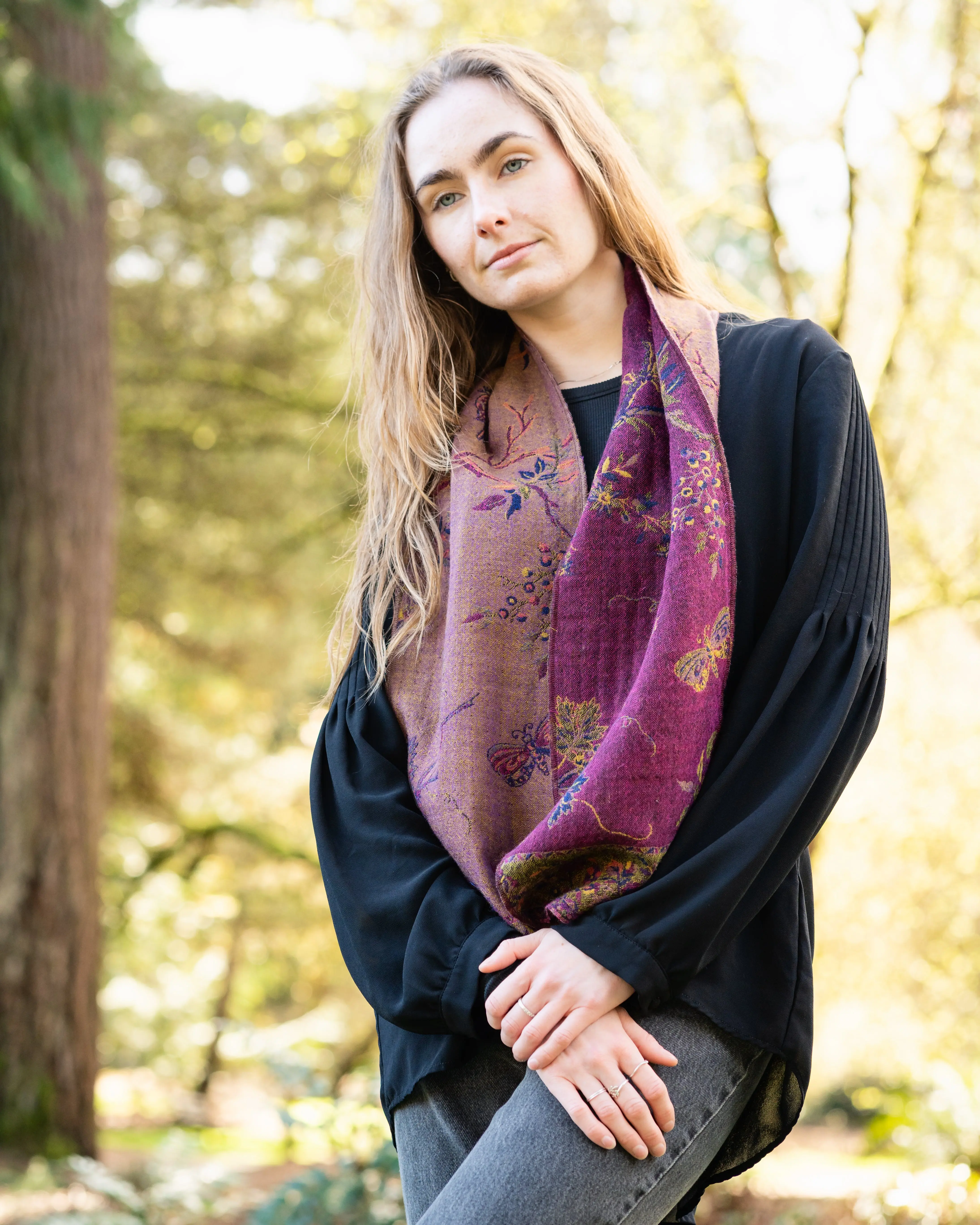 Women's Purple Reversible Scarf in Boiled Merino Wool, Artistic Paisley Print, Soft & Lightweight for Casual Daily Wear, Scarf Style, 60 X 9 Inches, Exceptionally Warm, Heritage Quality, Non-Itch Finish, Reversible Boiled Merino Scarf