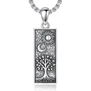MEIDERBO Dream Chaser Sun Moon Tree of Life Necklace 925 Sterling Silver Oxidized Finish Pendant Bella Chain Stainless Steel Bead Chain 22+2 Inch