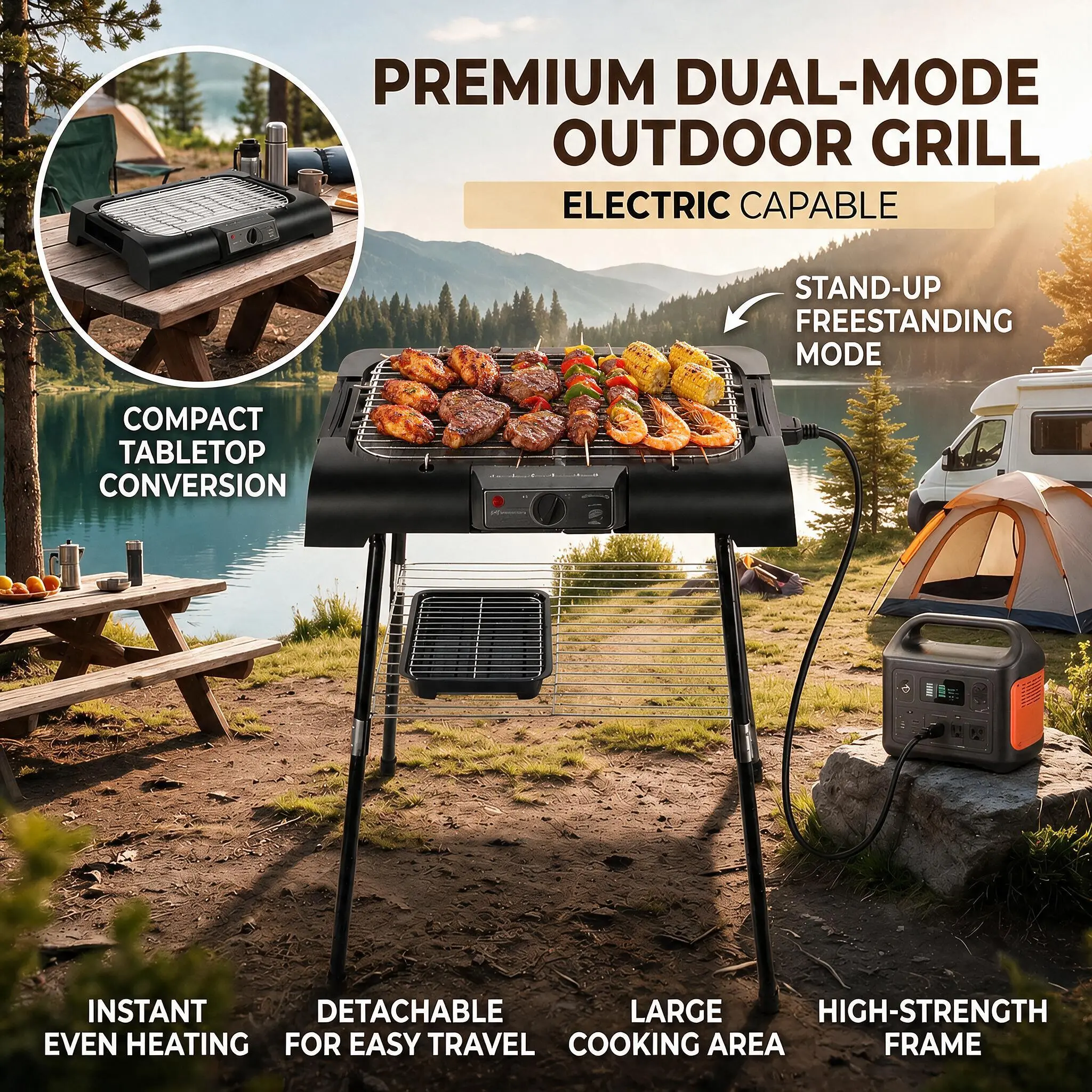 AORAN Portable Electric Grill Folding Design Adjustable Stand or Tabletop