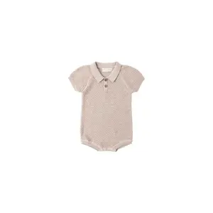 Quincy Mae Knit Polo Romper, Heathered Latte