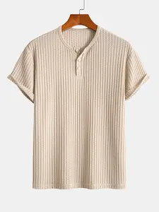 Men's Waffle Knit Henley T-Shirt, Short Sleeve Ribbed Crew Neck, Casual Summer Basic Tops, Comfortable and Stylish Clothing for Men