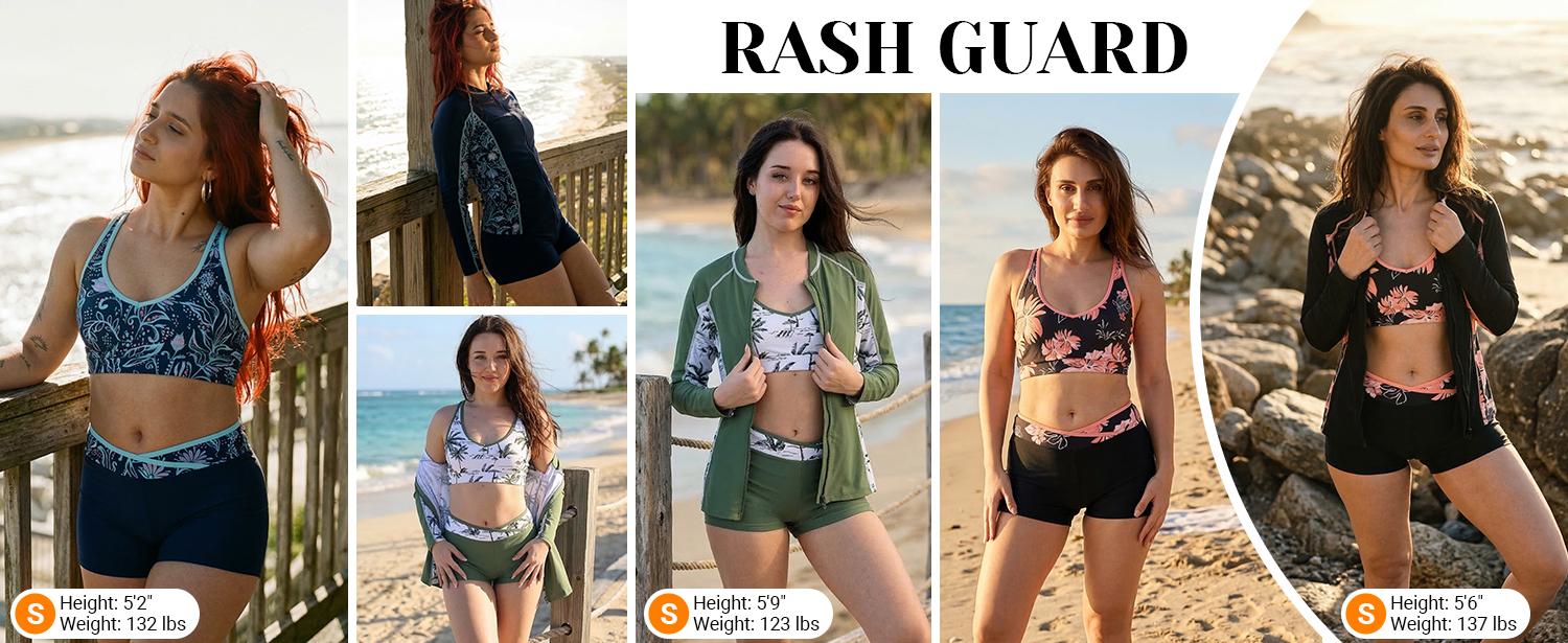 Daci Women Three Piece Rash Guard - Long Sleeve Zip Up Swim Shirt with Sports Bra and Shorts UPF 50+ Modest Swimuits