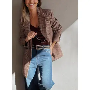 Brown Houndstooth Lapel Collar Blazer