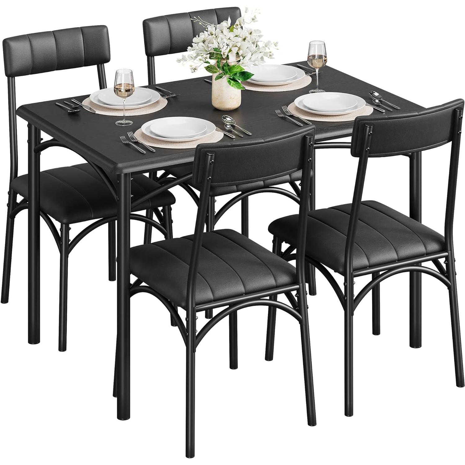 Kitchen Table and Chairs for 4, Rectangular Dining Set with Upholstered Chairs, 5 Piece Dining Table Set, Perfect for Home Dining Room Hotel Small Spaces