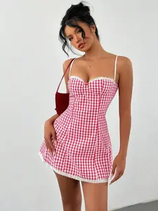 MARANDAS Girls Red White Plaid Spaghetti Strap Ruffle Trim A Line Garment Coquette Vibe