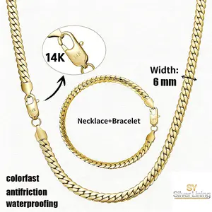 SY 14K Gold-Plated Cuban Necklace & Bracelet Set 6mm Width Stainless Steel Anti-Rust Technology Christmas Gift for Men Women 16/18/20/24 Inches