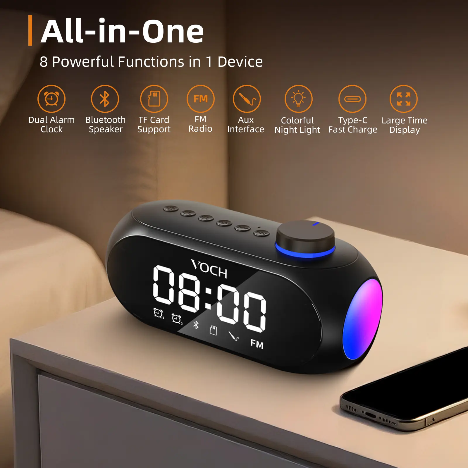 Wantek Bluetooth Speaker Dual Alarm Clock Home Bedroom, with Digital Bedside Clock, FM Radio, TF Card Slot, AUX Input for Travel.