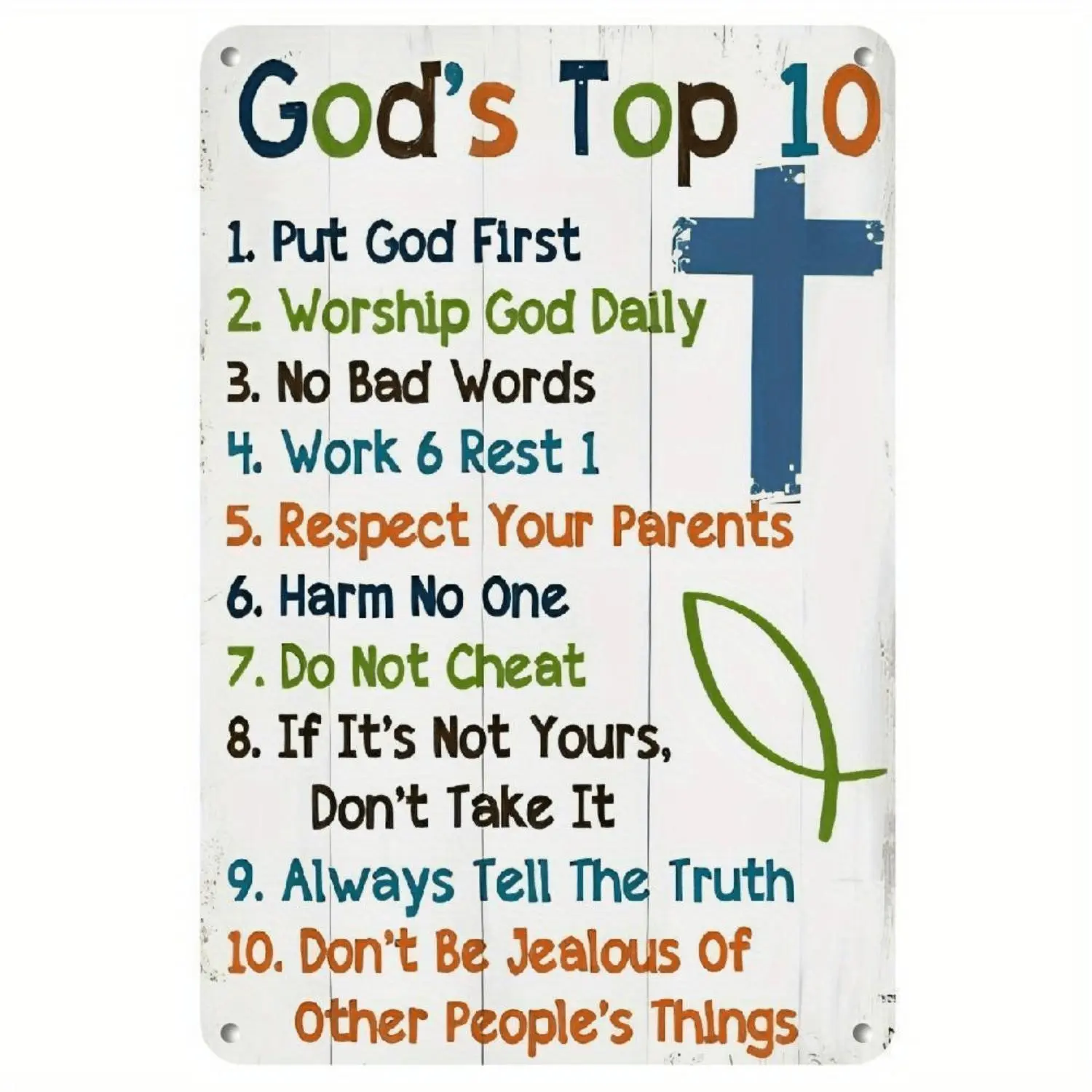 10 Commandments Metal Wall Art Sign - 8X12 Inch Rustic Wood Plank Design with Color-Coded Old English Style Scripture, Christian Home Decor for Living Room, Bedroom, Kitchen - Durable Iron Inspirational Bible Verse Decorations