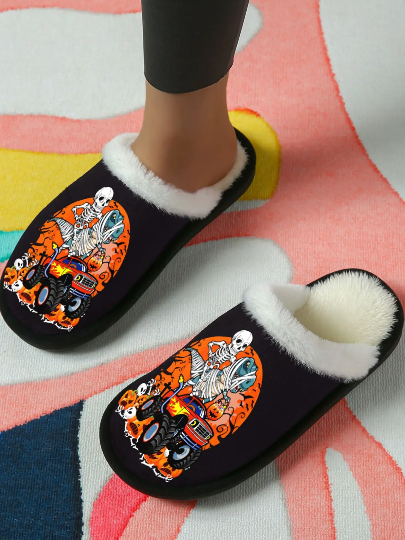 Halloween Skeleton Monster Truck Home Plush Slippers 1 Pair, Dark Funny Festive Style, Faux Fur Lining + Fleece Warmth + Non-Slip Sole, Halloween Enthusiasts, Funny Lovers & Home Lovers for Home Foot Warmth + Stylish Outfits, Autumn & Winter Must-Have!