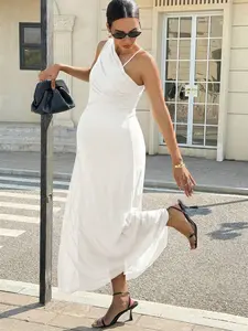 TAMALLA Elegant Maternity Commuter Solid Color Asymmetric Collar Dress, Summer