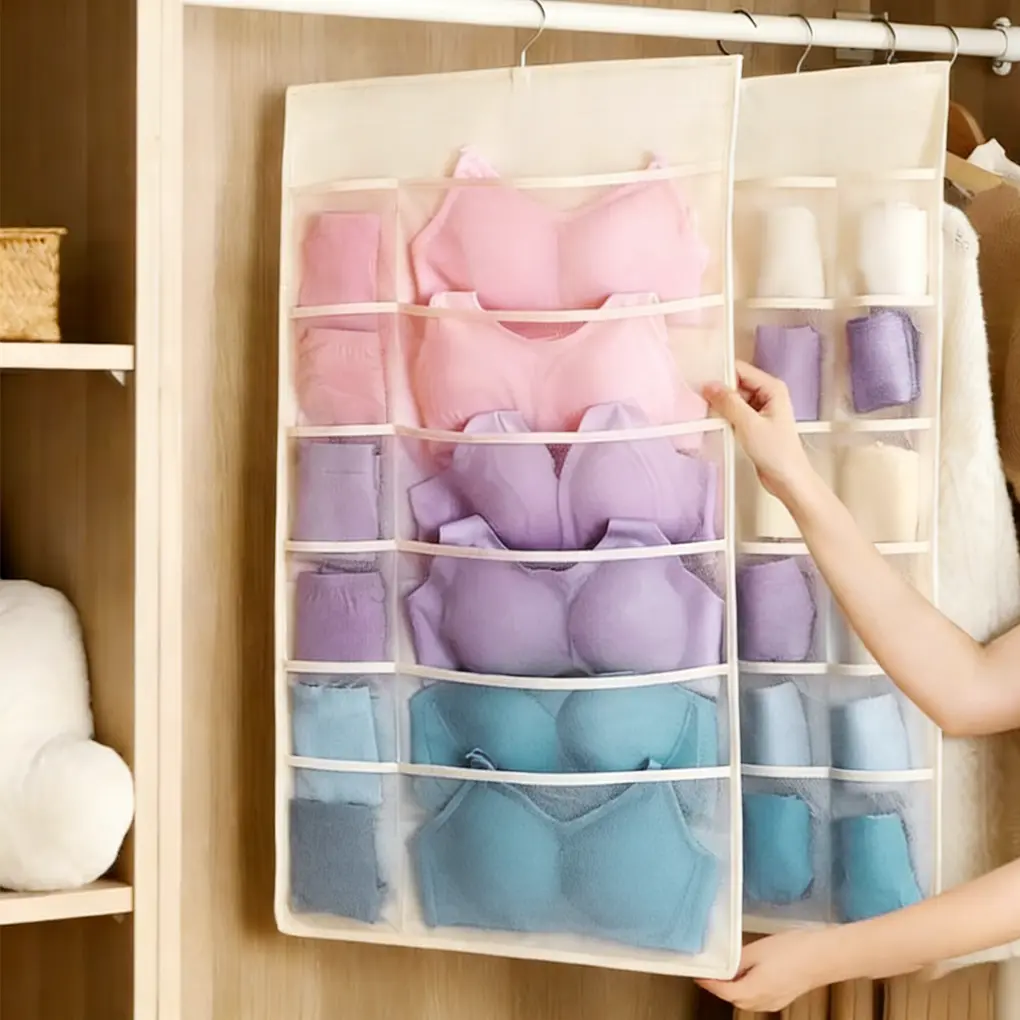 Bra and Underwear Closet Hanging Organizer with 12+18 Pockets Beige Dual Sided Wall Shelf Wardrobe Storage Bags for Bra Socks Underwear Underpants Lightweight & Durable Mesh Pockets