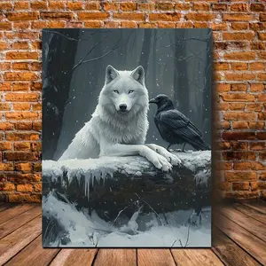 1pc Wooden Framed Canvas Painting Majestic White Wolf and Raven in Snow Art Prints Wall For Bedroom Living Room Home Decor Wildlife Scene Canvas Print Poster Picture With Framed Ready to Hang Gift