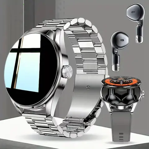 Smartwatch with Built-in Headphones, 1.46-in HD 360*360 Screen, Steel+Silk Bands, Wireless Calls, Info Reminders, 2-in-1 Wearing, Calorie Tracker, Bluetooth Rechargeable, App-Controlled Wearable Hands-Free Wrist-Worn Smart Watch for Business & Sports, Wea